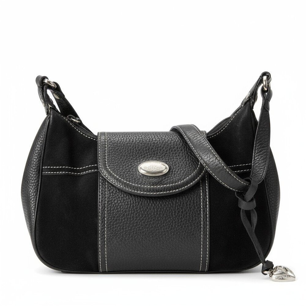 BRIGHTON Black Suede and Pebbled Leather Shoulder Bag